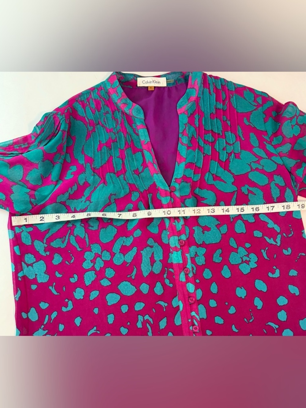 Calvin Klein Teal & Magenta Abstract Animal Print Chiffon Blouse - Picture 8 of 8